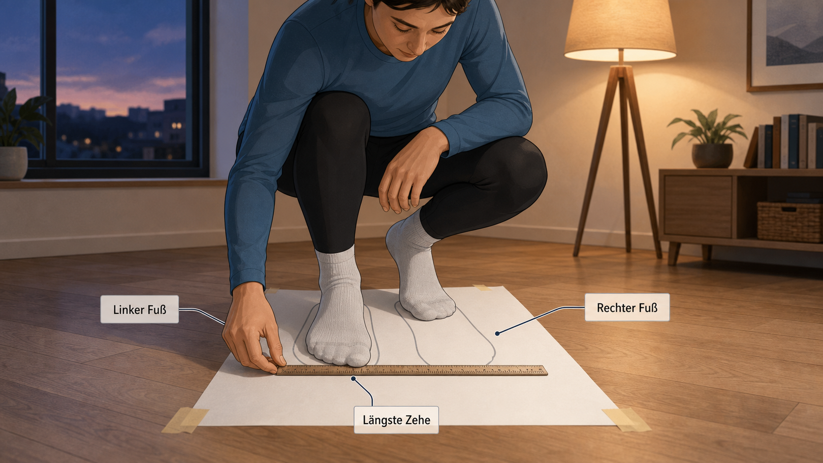 Redaktionelle Illustration zu Laufschuh-Passform und Größe: Füße messen, Tabellen vergleichen und Modelle einordnen